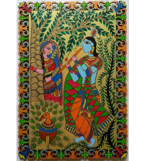 Madhubani Painting Depicting Krishna Playing Flute For Radha, Hand Painting, Modern Art, Vertical Mounting 